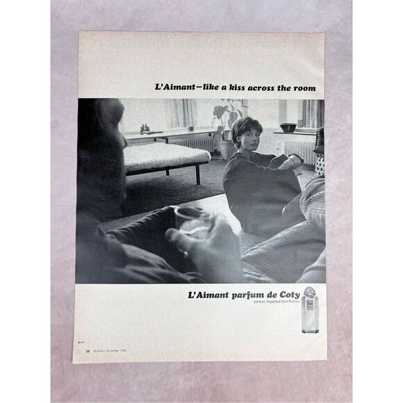 Vintage 1965 L'Aimant Parfum de Coty PRINT AD French Perfume Kiss Across Room - Picture 1 of 6